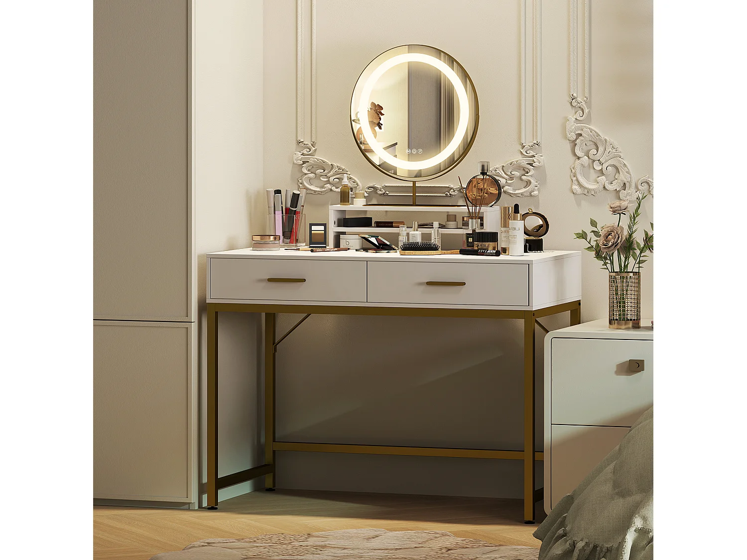 Tocador con iluminación LED, espejo ajustable, mesa de maquillaje con 2 cajones