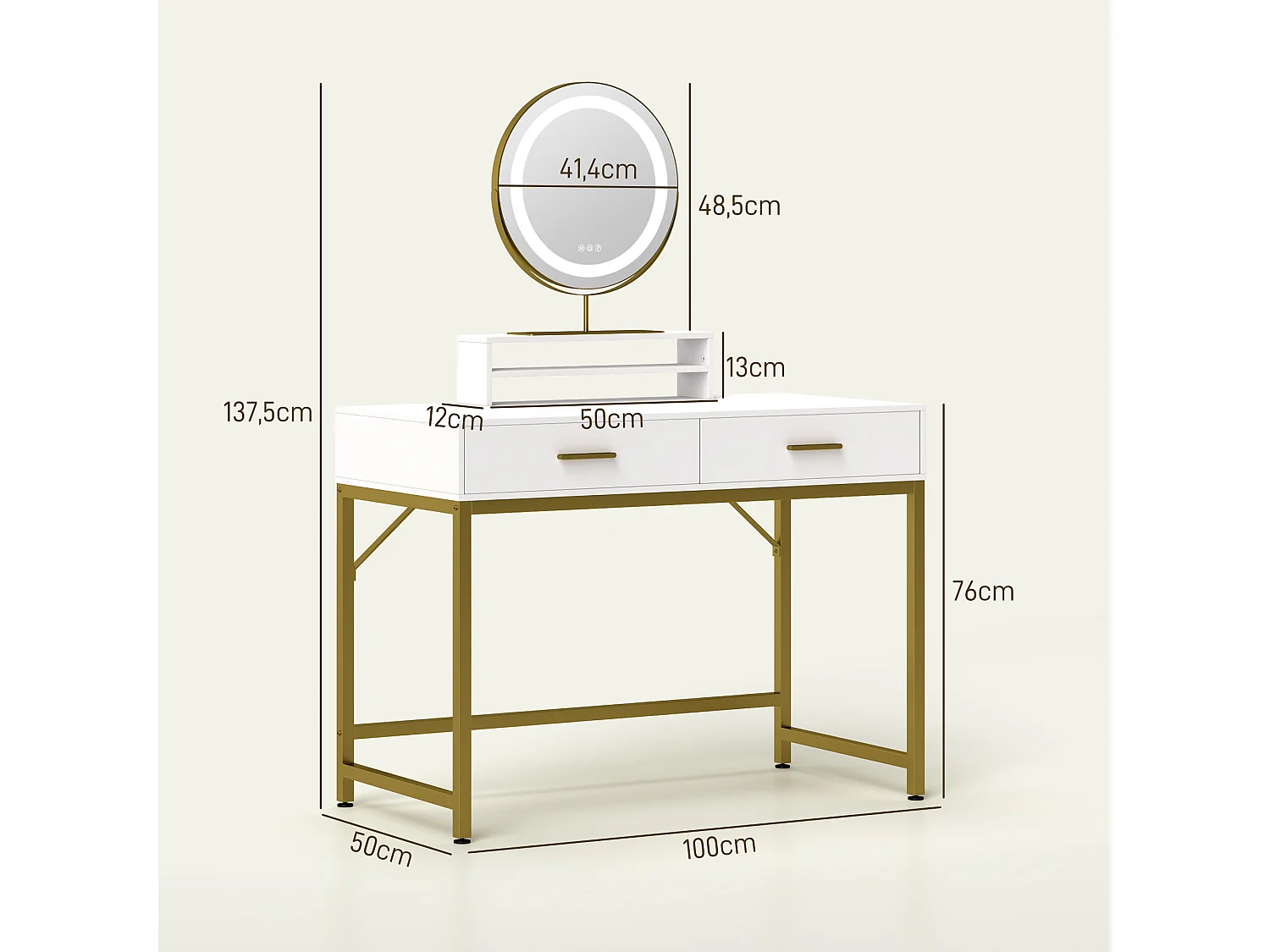 Tocador con iluminación LED, espejo ajustable, mesa de maquillaje con 2 cajones