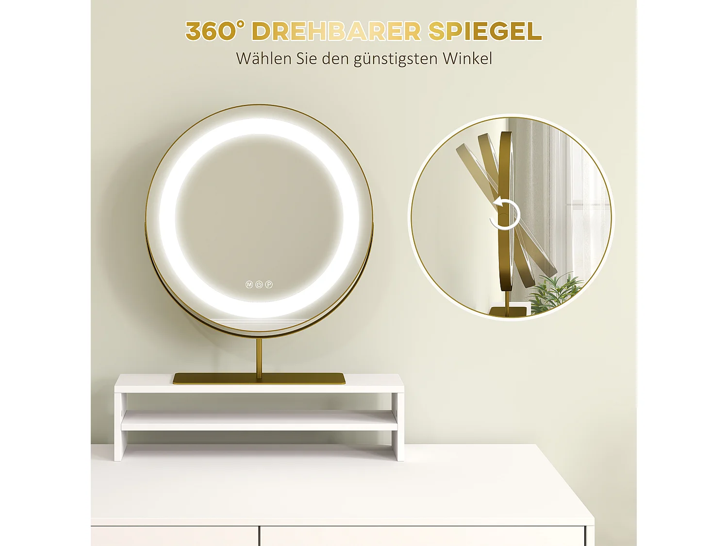 Tocador con iluminación LED, espejo ajustable, mesa de maquillaje con 2 cajones