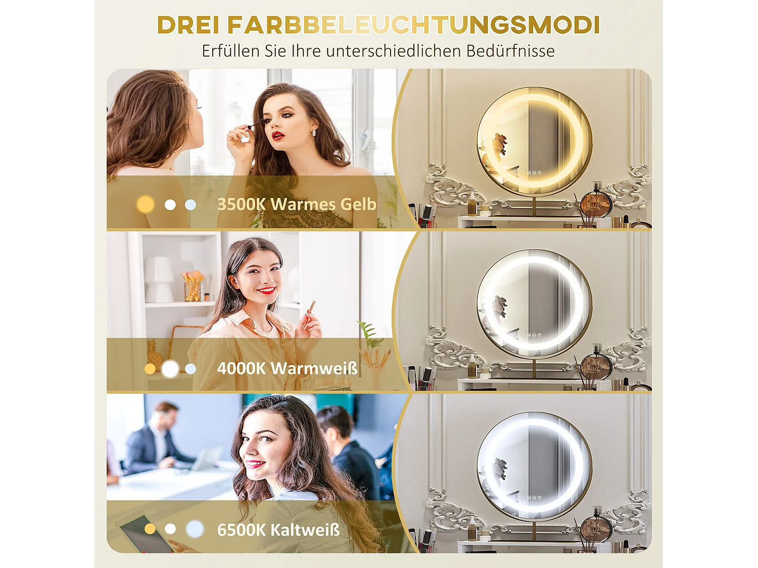 Tocador con iluminación LED, espejo ajustable, mesa de maquillaje con 2 cajones