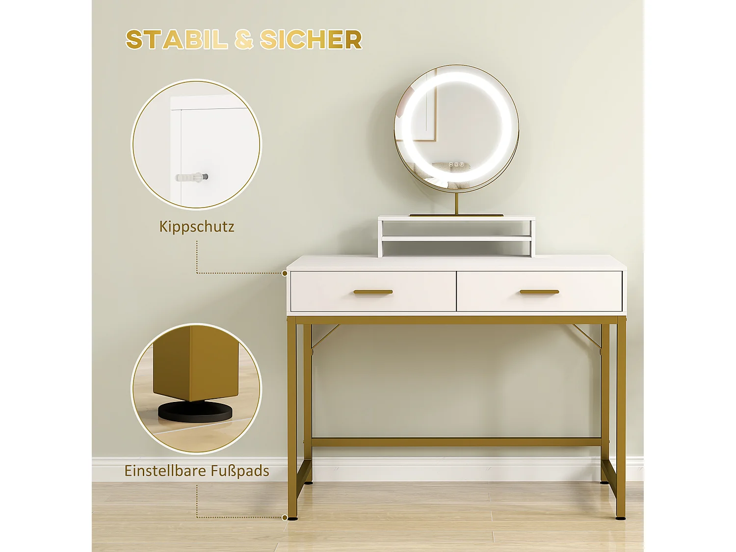 Tocador con iluminación LED, espejo ajustable, mesa de maquillaje con 2 cajones