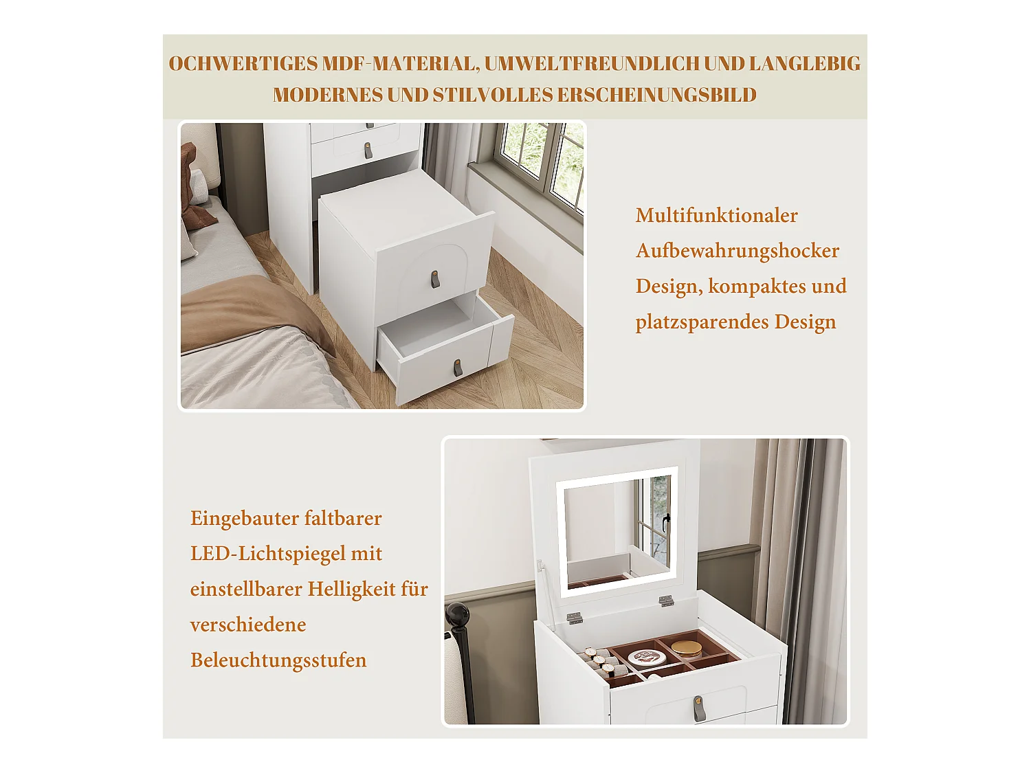 Schminktisch (inkl. Schminkhocker), multifunktionaler Aufbewahrungshocker