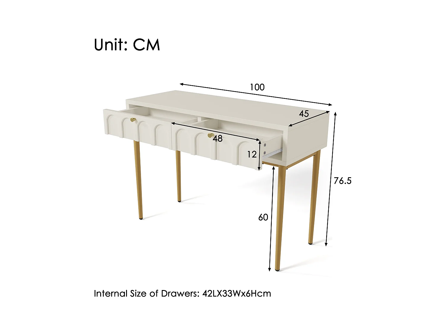 Schminktisch mit 2 Schubladen, Schlafzimmerkommode, weißes Highboard mit Schubladen
