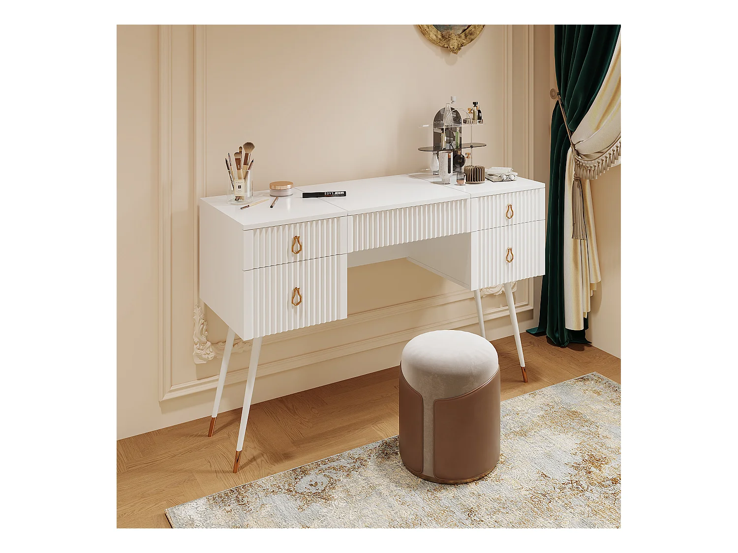 Coiffeuse blanche (sans chaises),comprend un miroir LED à luminosité réglable