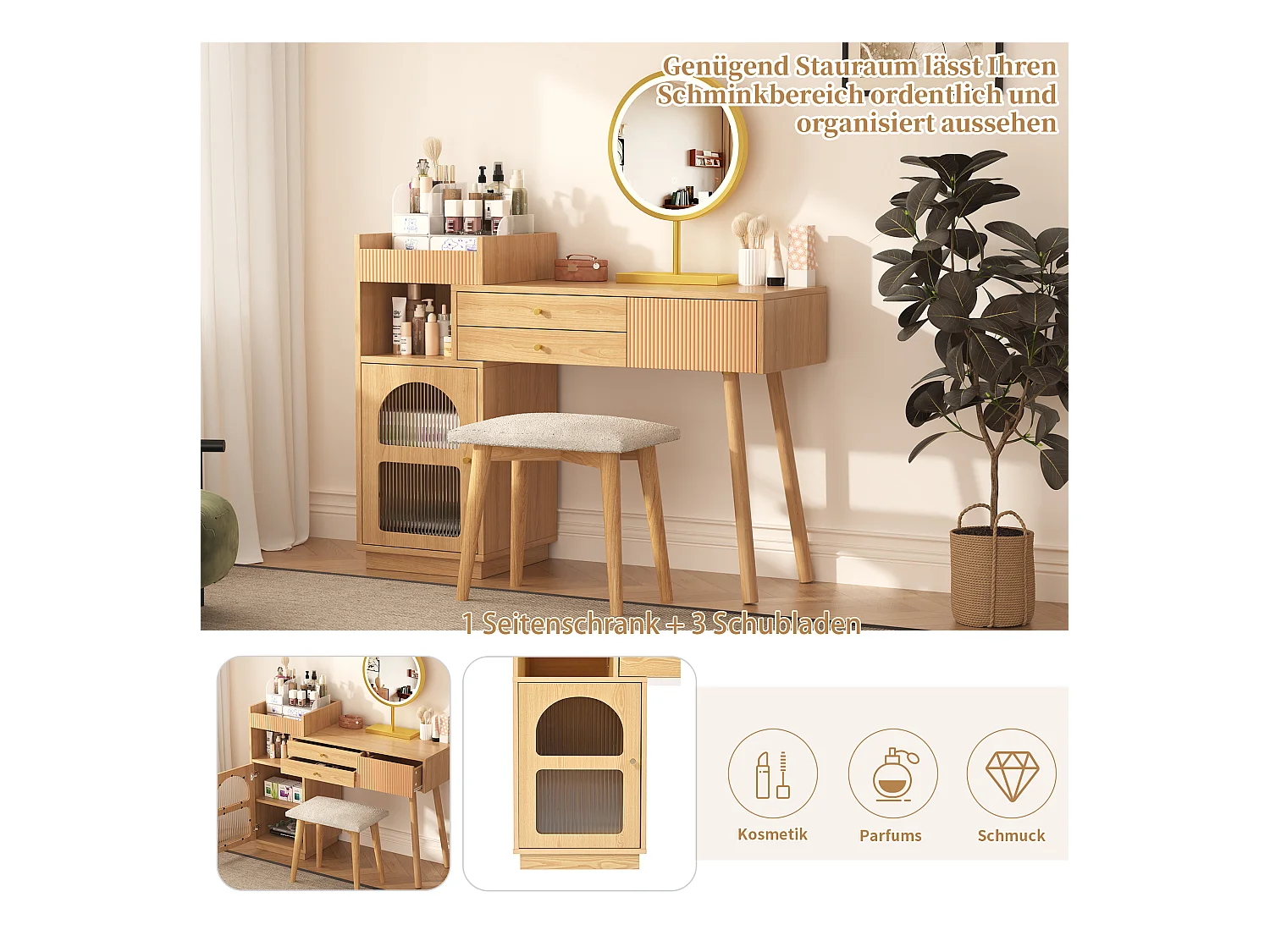 Schminktisch-Set, Kosmetiktisch mit LED-Spiegel und Beleuchtung, ohne Hocker