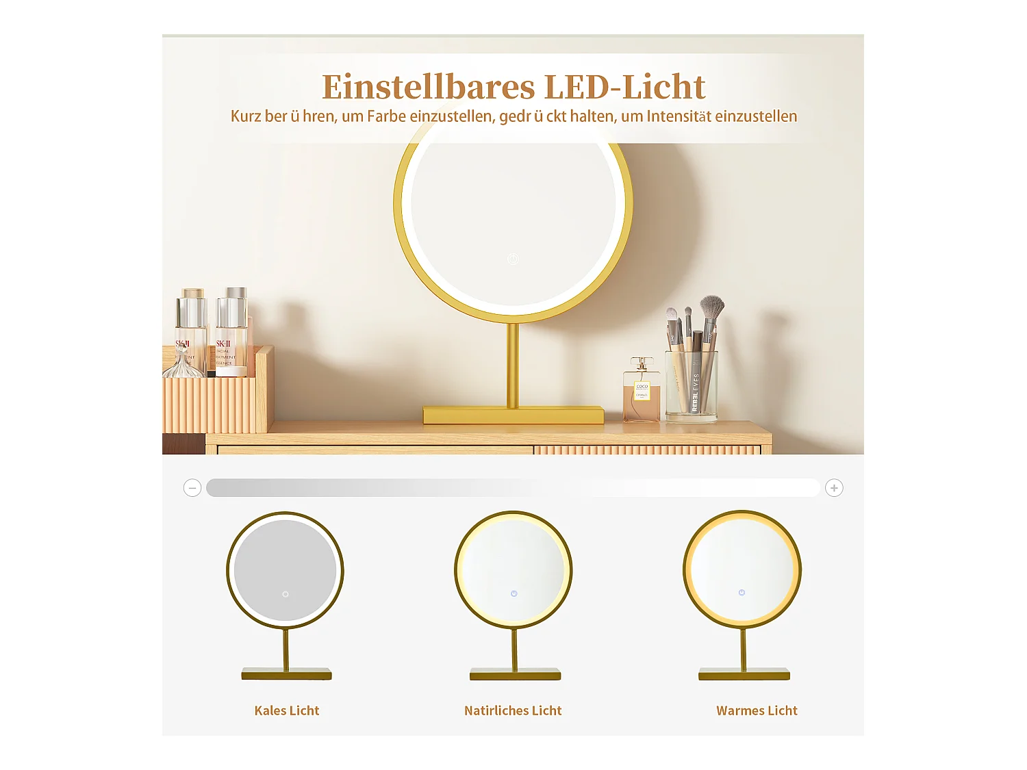 Schminktisch-Set, Kosmetiktisch mit LED-Spiegel und Beleuchtung, ohne Hocker