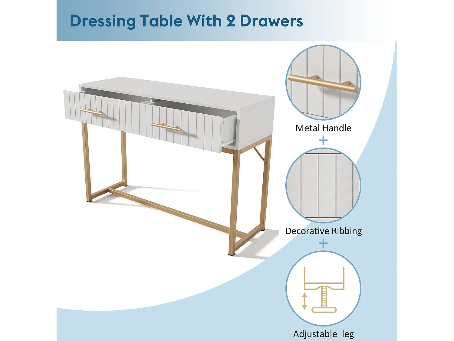 Schminktisch mit 2 Schubladen, Höhe 75 cm, Schlafzimmerkommode Weißes Highboard mit Schubladen