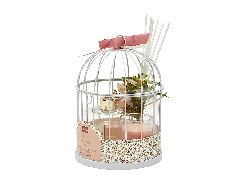 Coffret Senteur Cage Diffuseur Et Bougie Blanc, Rose
