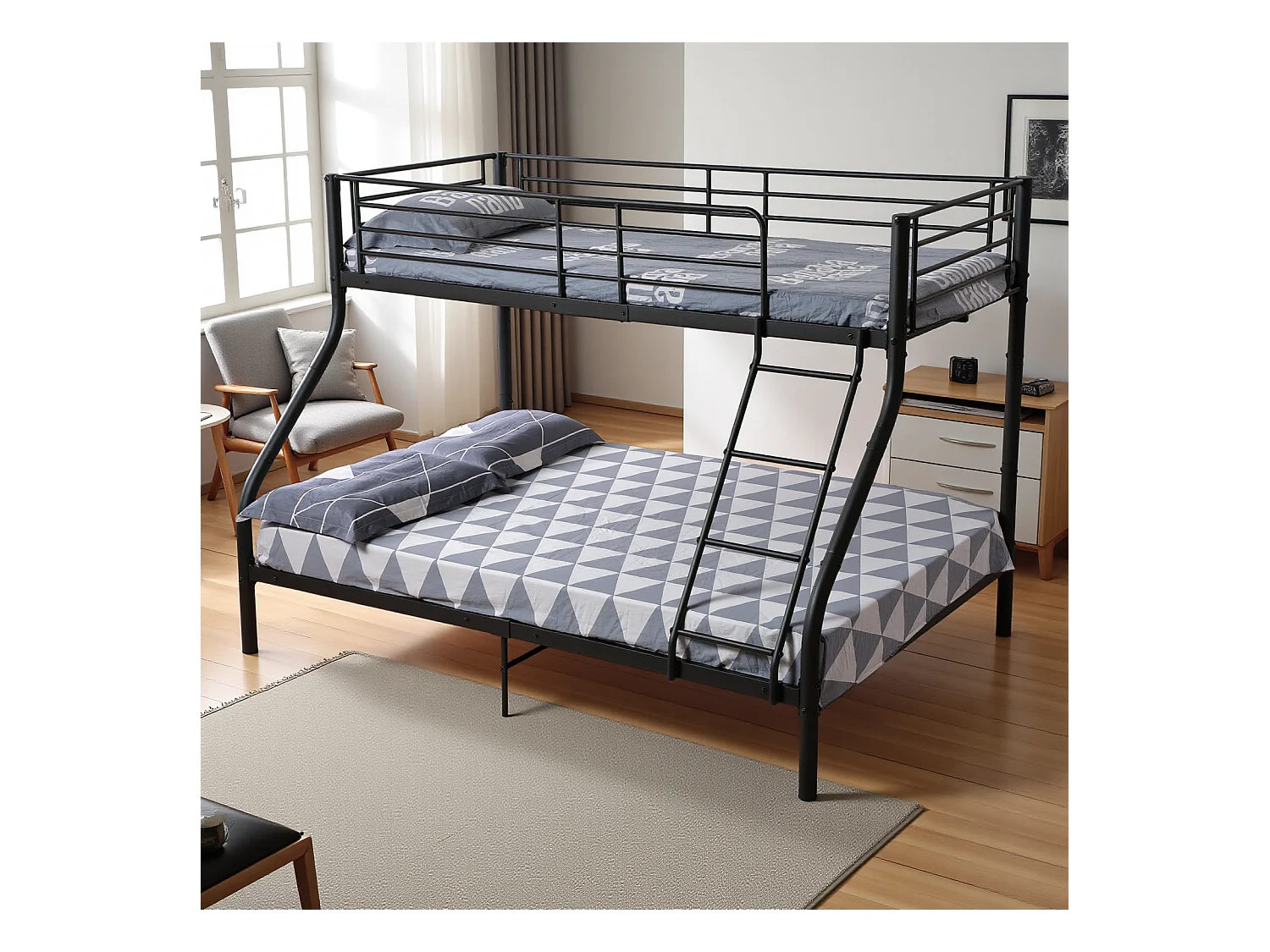 Lits Superposés en Métal avec Échelle - Noir, Lit Double Superposé pour Adultes, Cadre Métallique Robuste et Design Moderne