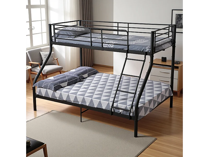 Lits Superposés en Métal avec Échelle - Noir, Lit Double Superposé pour Adultes, Cadre Métallique Robuste et Design Moderne