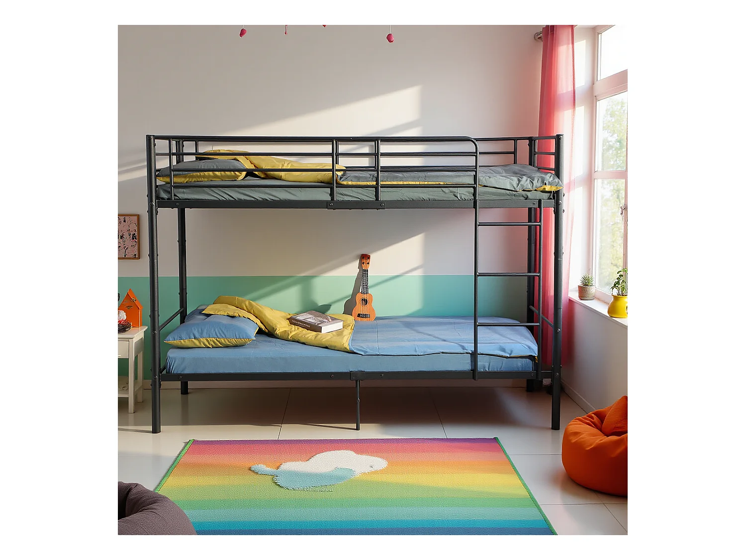 Lits Superposés de Style Industriel avec Échelle - Noir, Lit Double Superposé pour Enfants