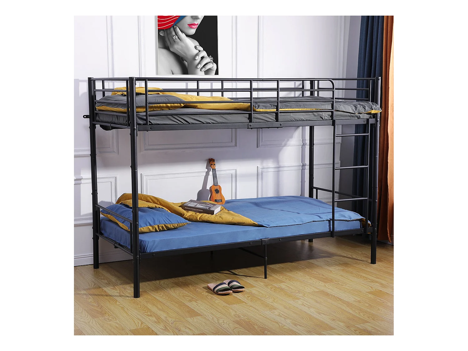 Lits Superposés de Style Industriel avec Échelle - Noir, Lit Double Superposé pour Enfants