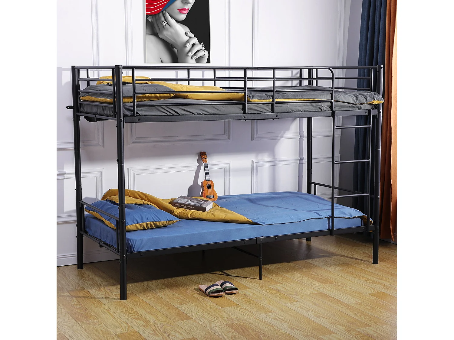 Lits Superposés de Style Industriel avec Échelle - Noir, Lit Double Superposé pour Enfants