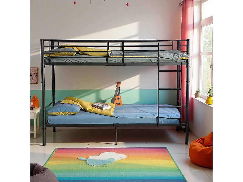 Stapelbed Dubbel Industrieel van Zwart Metaal voor Kinderen - Ladder, Matras 90x200 cm, 208,8 x 97 x 150,4 cm