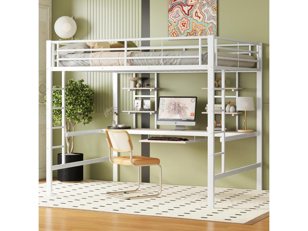 Cama alta, 140 x 200 cm, estructura de metal, cama alta con escritorio y dos estantes para niños, adolescentes y adultos, color blanco