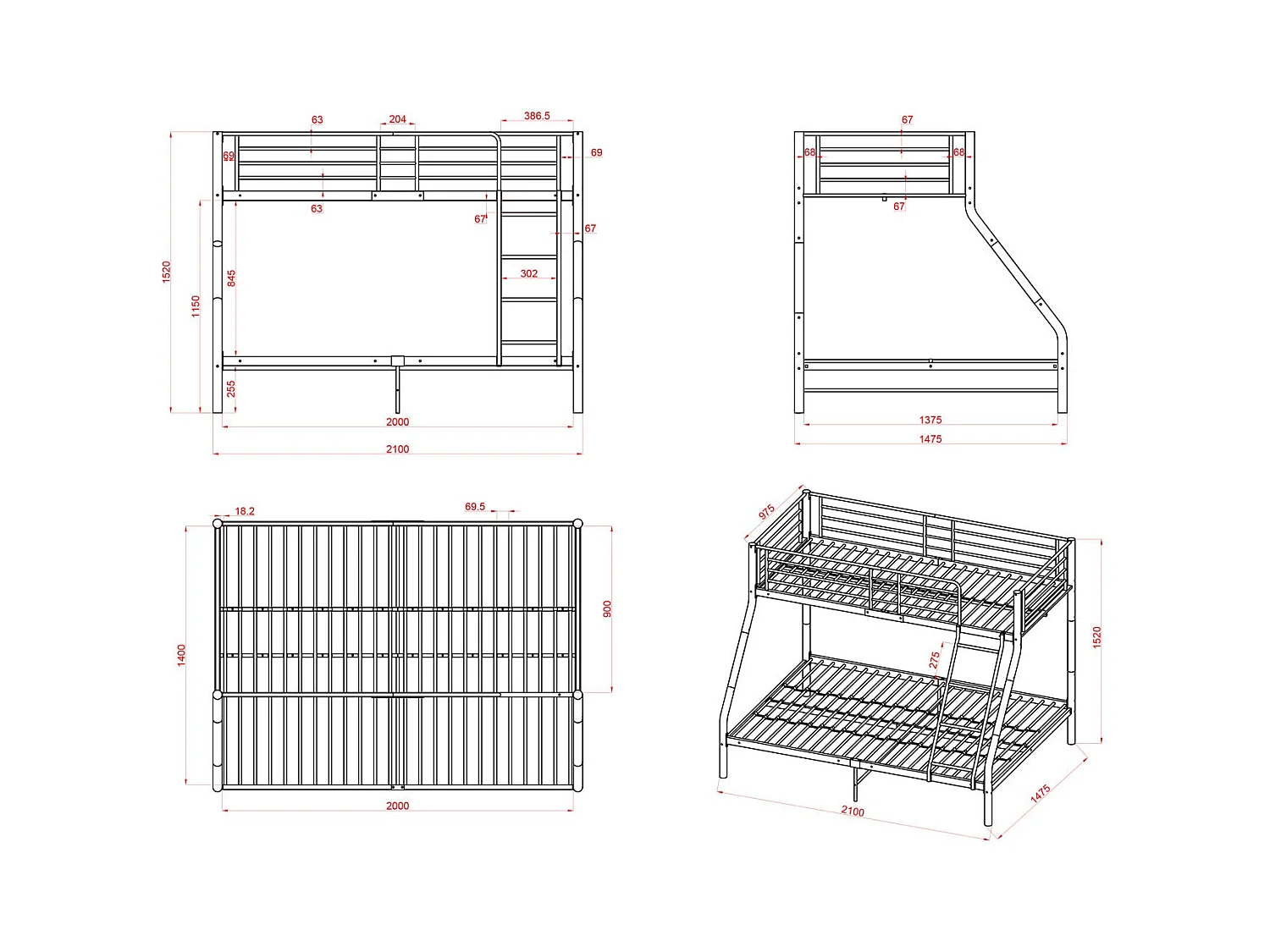 Lits Superposés en Métal avec Échelle - Noir, Lit Double Superposé pour Enfants, Cadre Métallique Durable et Confortable