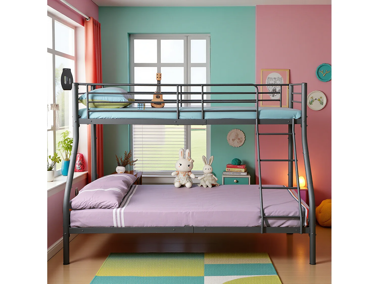 Lits Superposés en Métal avec Échelle - Noir, Lit Double Superposé pour Enfants, Cadre Métallique Durable et Confortable