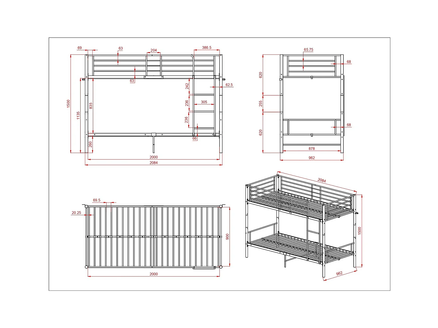 Lits Superposés de Style Industriel avec Échelle - Noir, Lit Double Superposé pour Adultes, Design Moderne