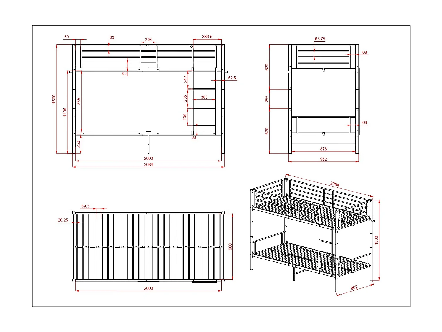 Lits Superposés de Style Industriel avec Échelle - Noir, Lit Double Superposé pour Adultes, Design Moderne