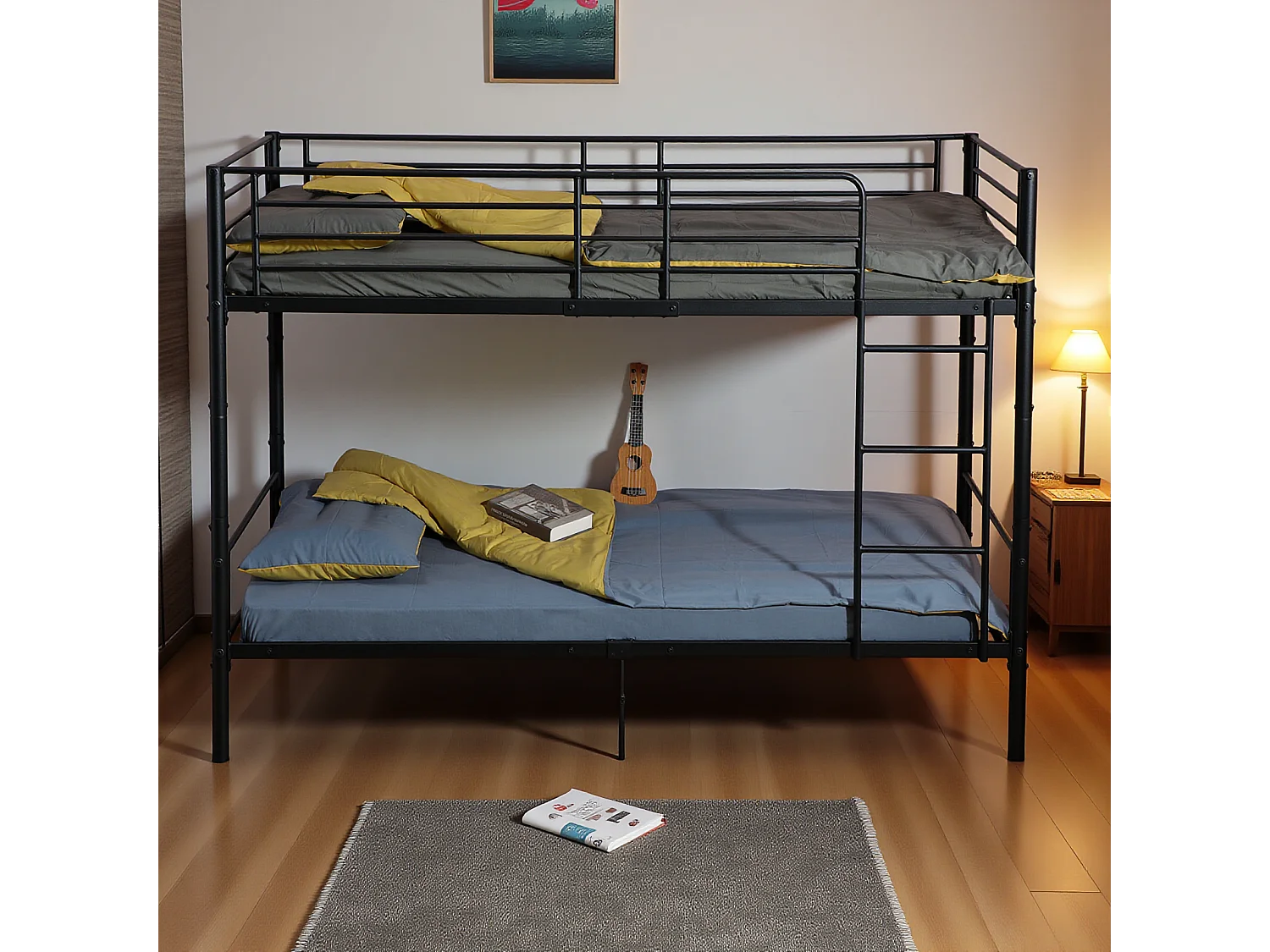 Lits Superposés de Style Industriel avec Échelle - Noir, Lit Double Superposé pour Adultes, Design Moderne