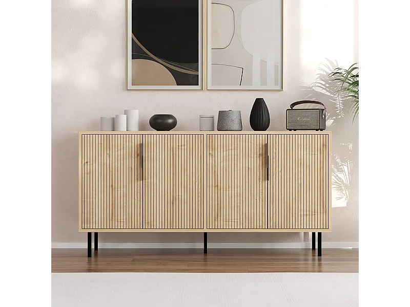 Buffet scanalato 4 ante in legno 150x75cm CIARO - Eleganza naturale del legno, design contemporaneo, pratico ripostiglio