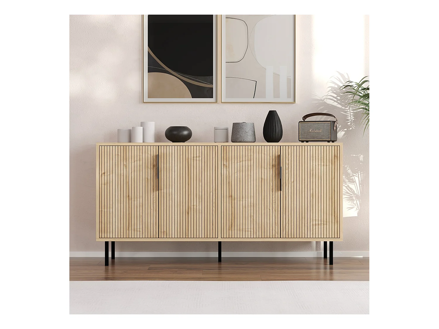 Buffet cannelé 4 portes aspect bois 150x75cm CIARO