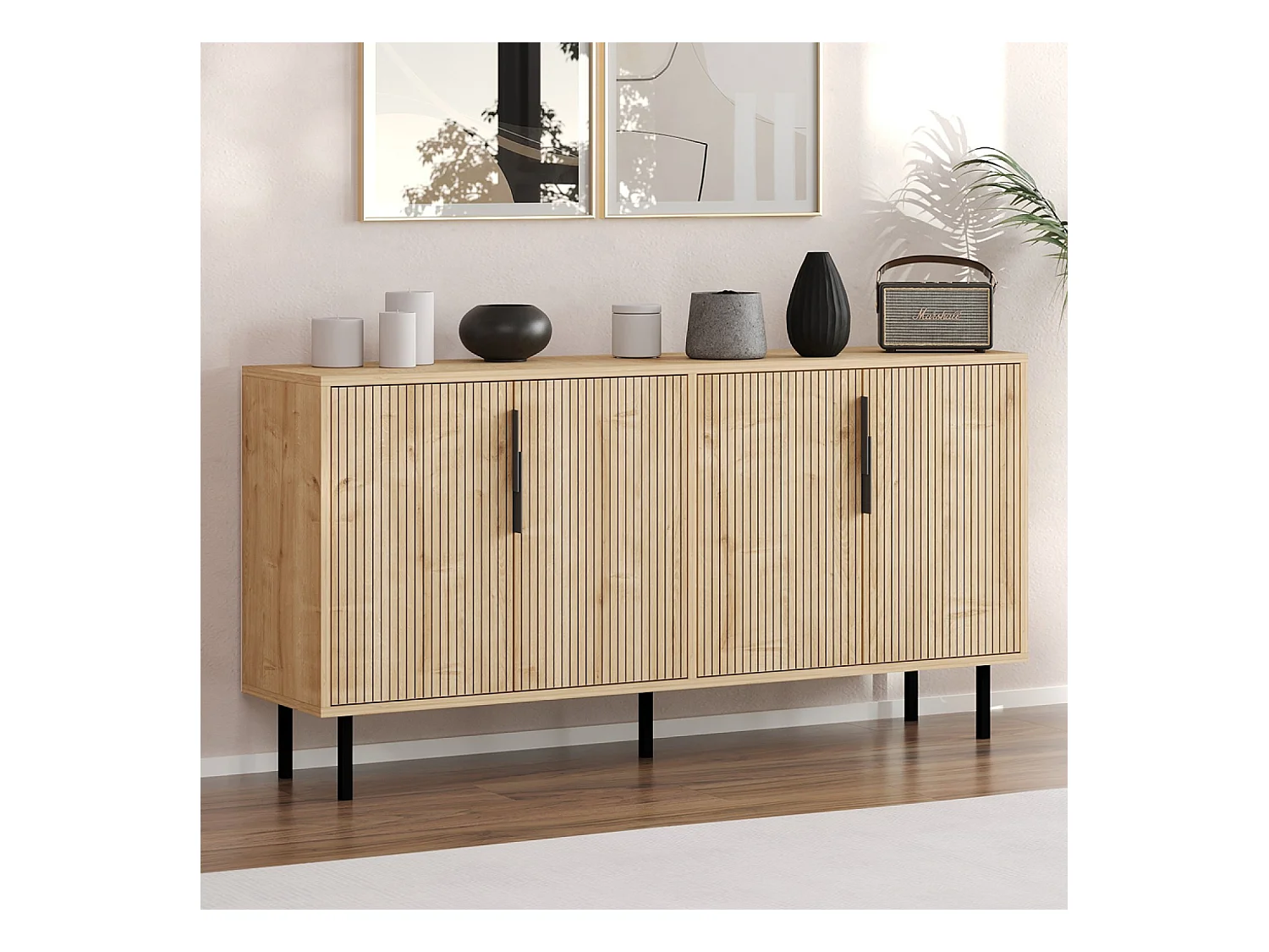 Buffet cannelé 4 portes aspect bois 150x75cm CIARO