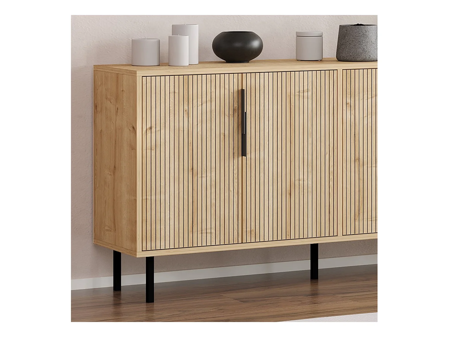Buffet cannelé 4 portes aspect bois 150x75cm CIARO