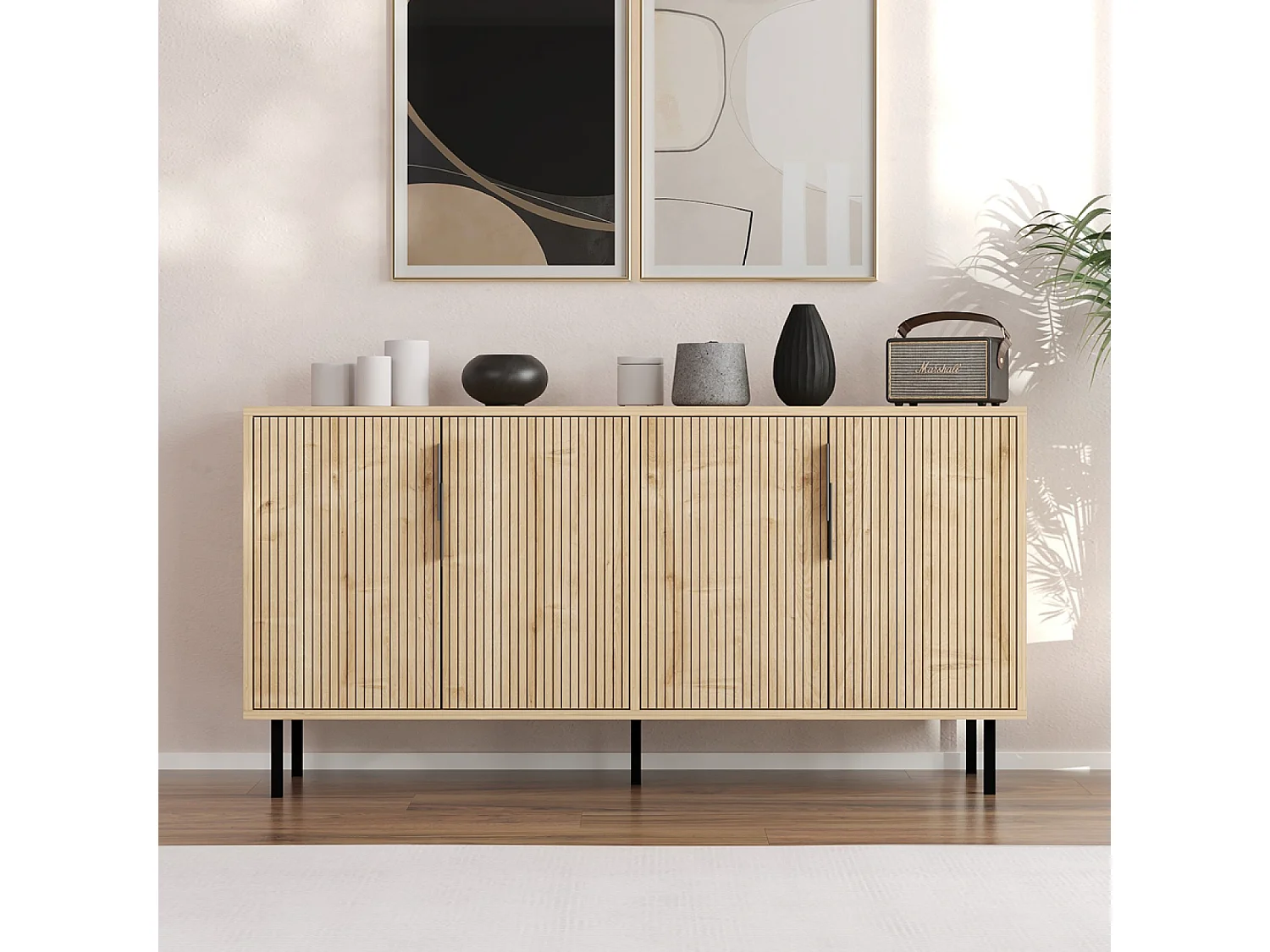 Buffet cannelé 4 portes aspect bois 150x75cm CIARO
