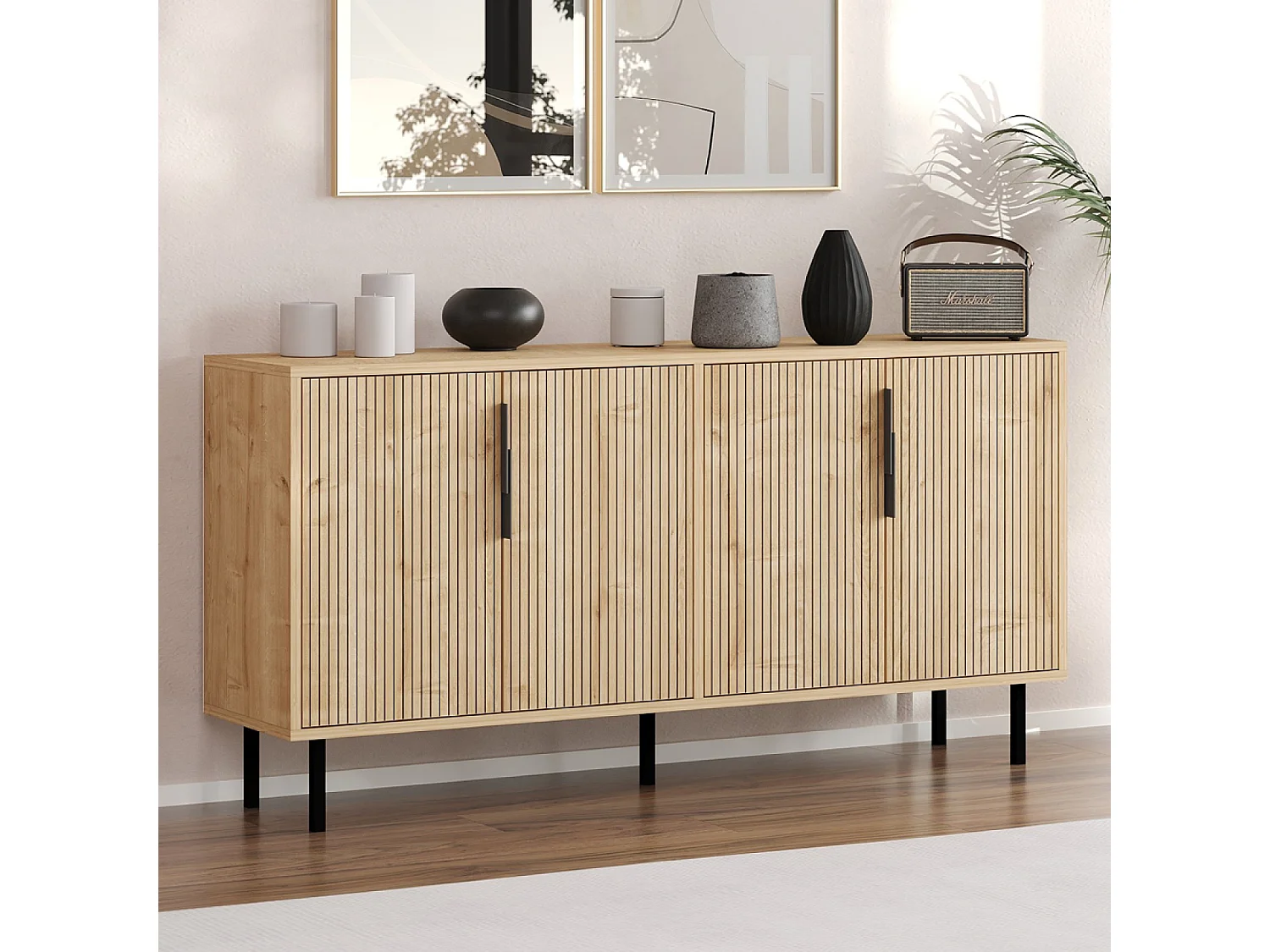 Buffet cannelé 4 portes aspect bois 150x75cm CIARO