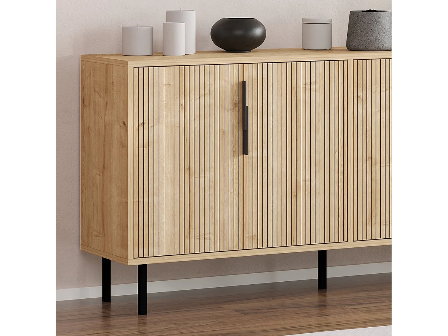 Buffet cannelé 4 portes aspect bois 150x75cm CIARO