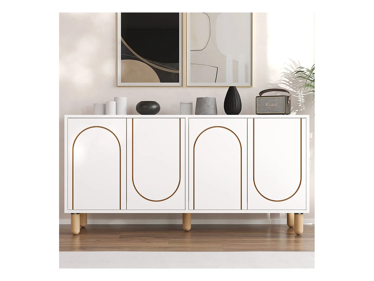 Buffet 4 portes blanc design graphique 150x73cm VIRET