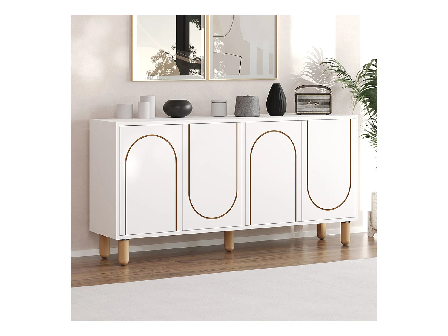 Buffet 4 portes blanc design graphique 150x73cm VIRET