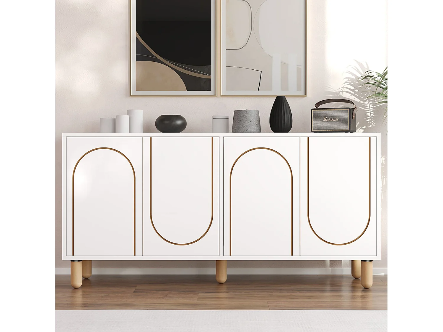 Buffet 4 portes blanc design graphique 150x73cm VIRET