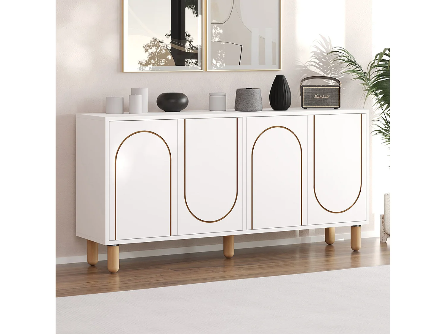 Buffet 4 portes blanc design graphique 150x73cm VIRET