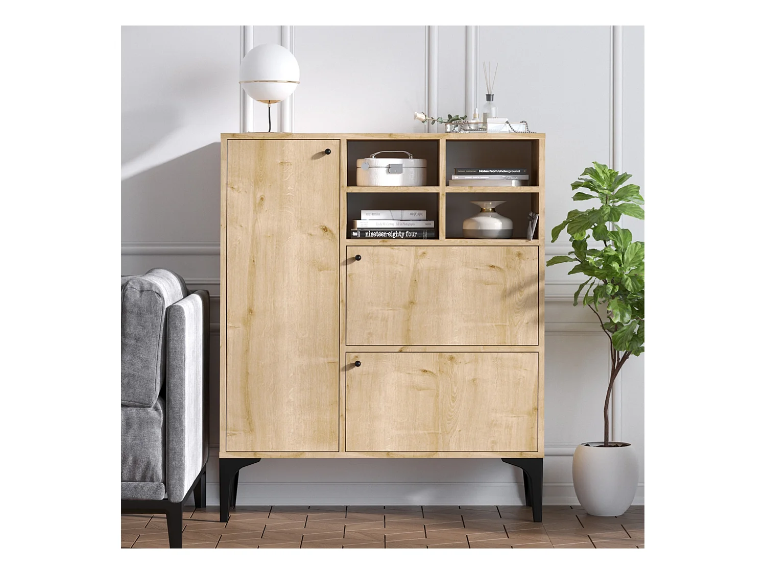 Buffet haut 3 portes et 4 niches couleur chêne 100x125cm EWA