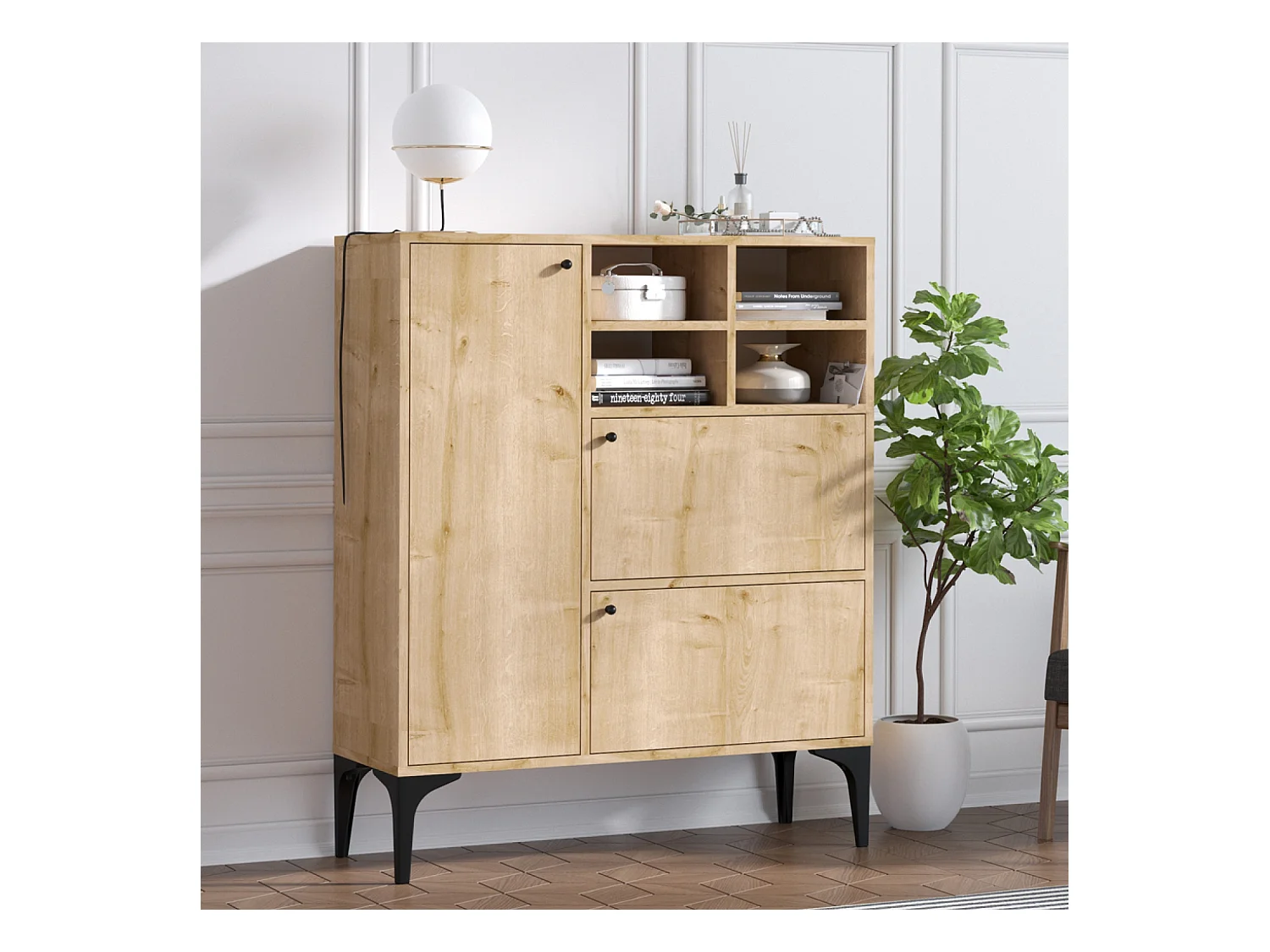 Buffet haut 3 portes et 4 niches couleur chêne 100x125cm EWA
