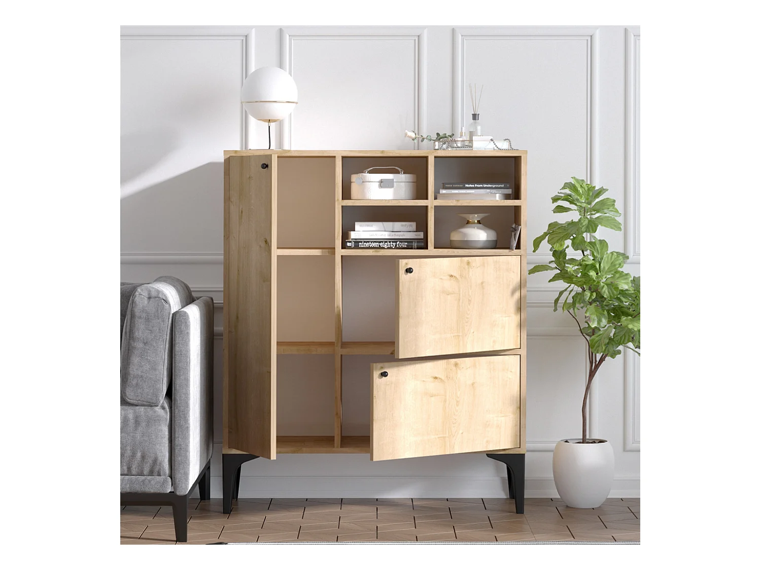 Buffet haut 3 portes et 4 niches couleur chêne 100x125cm EWA