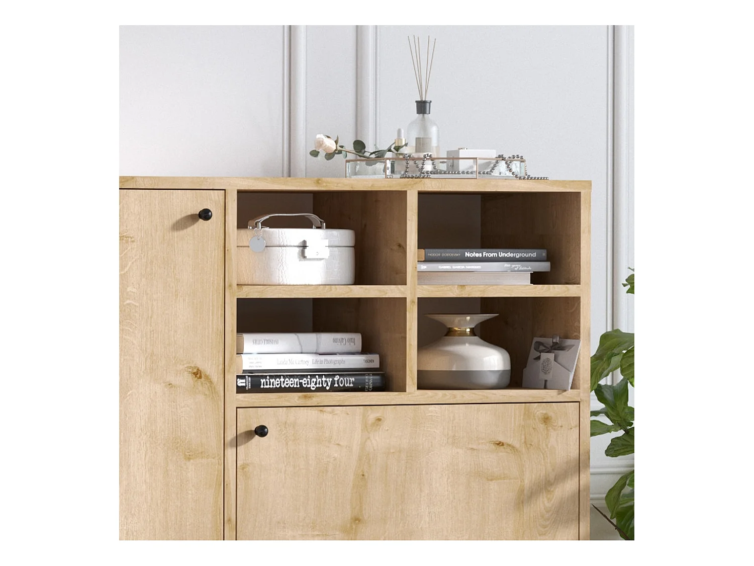 Buffet haut 3 portes et 4 niches couleur chêne 100x125cm EWA