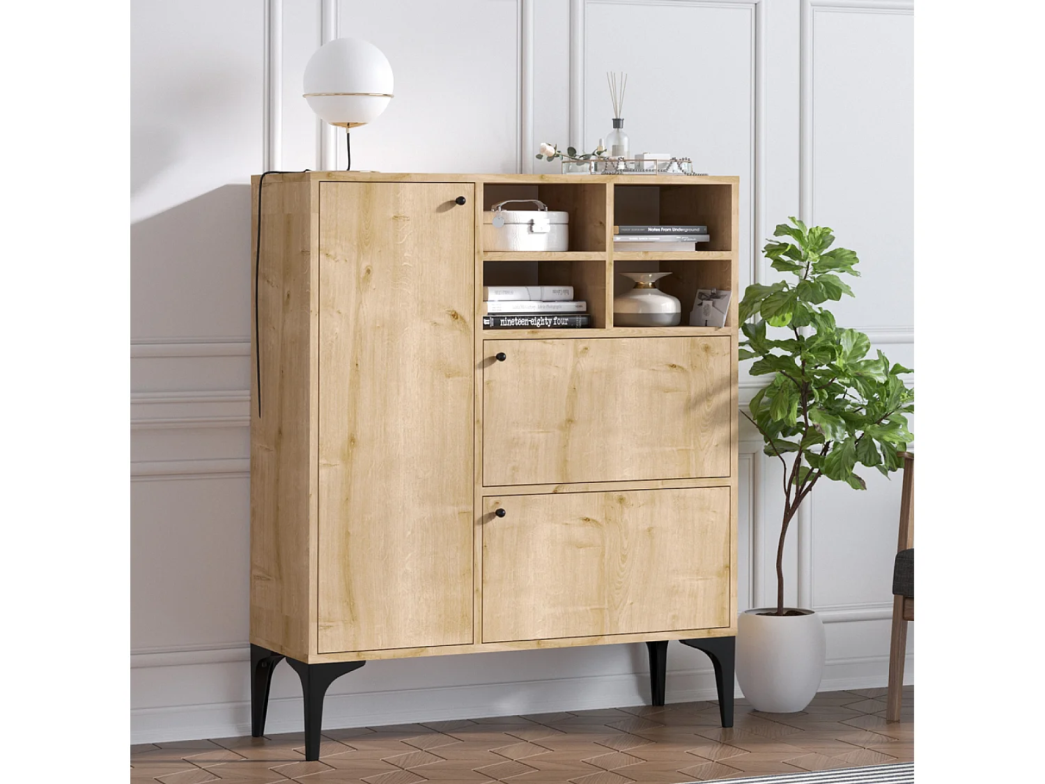 Buffet haut 3 portes et 4 niches couleur chêne 100x125cm EWA