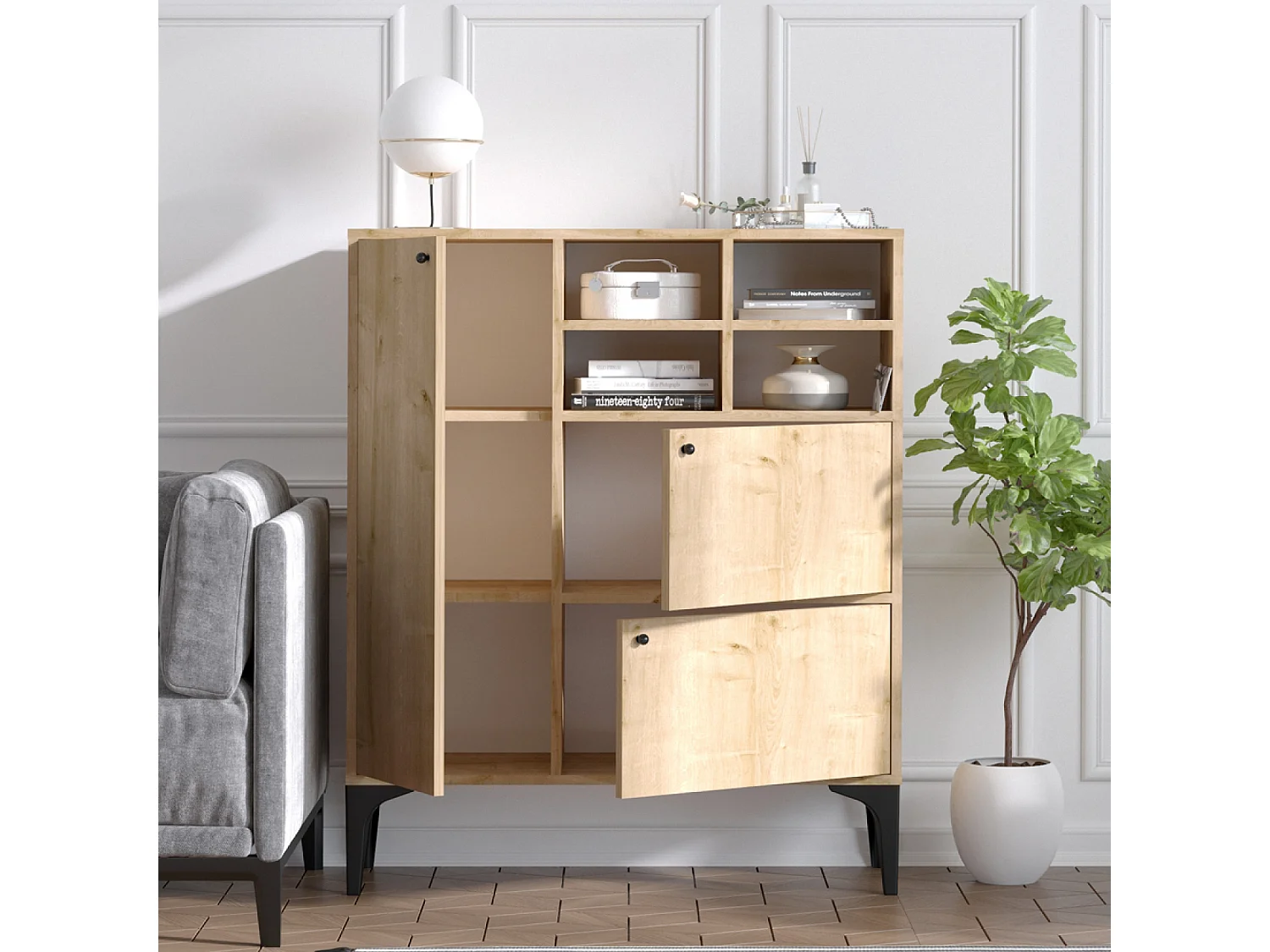 Buffet haut 3 portes et 4 niches couleur chêne 100x125cm EWA