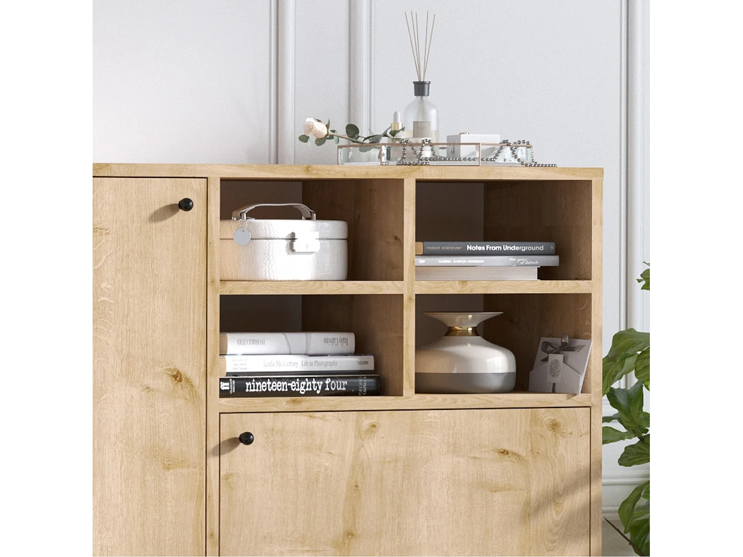 Buffet haut 3 portes et 4 niches couleur bois 100x125cm EWA