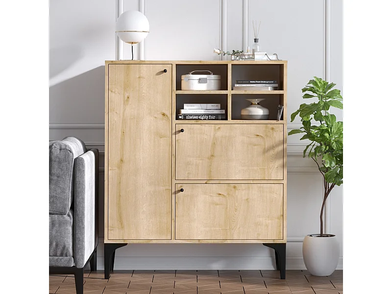 Buffet Alto Roble Zafiro 3 Puertas 4 Nichos Metal Negro 100x125cm