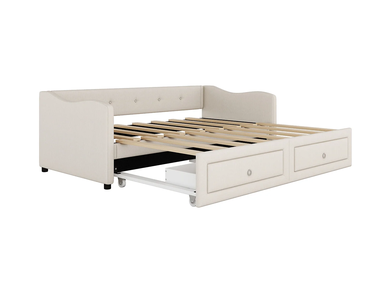 Lit gigogne 90x200 cm, lin beige, Lit enfants avec 2 tiroirs et sommier à lattes, sans matelas