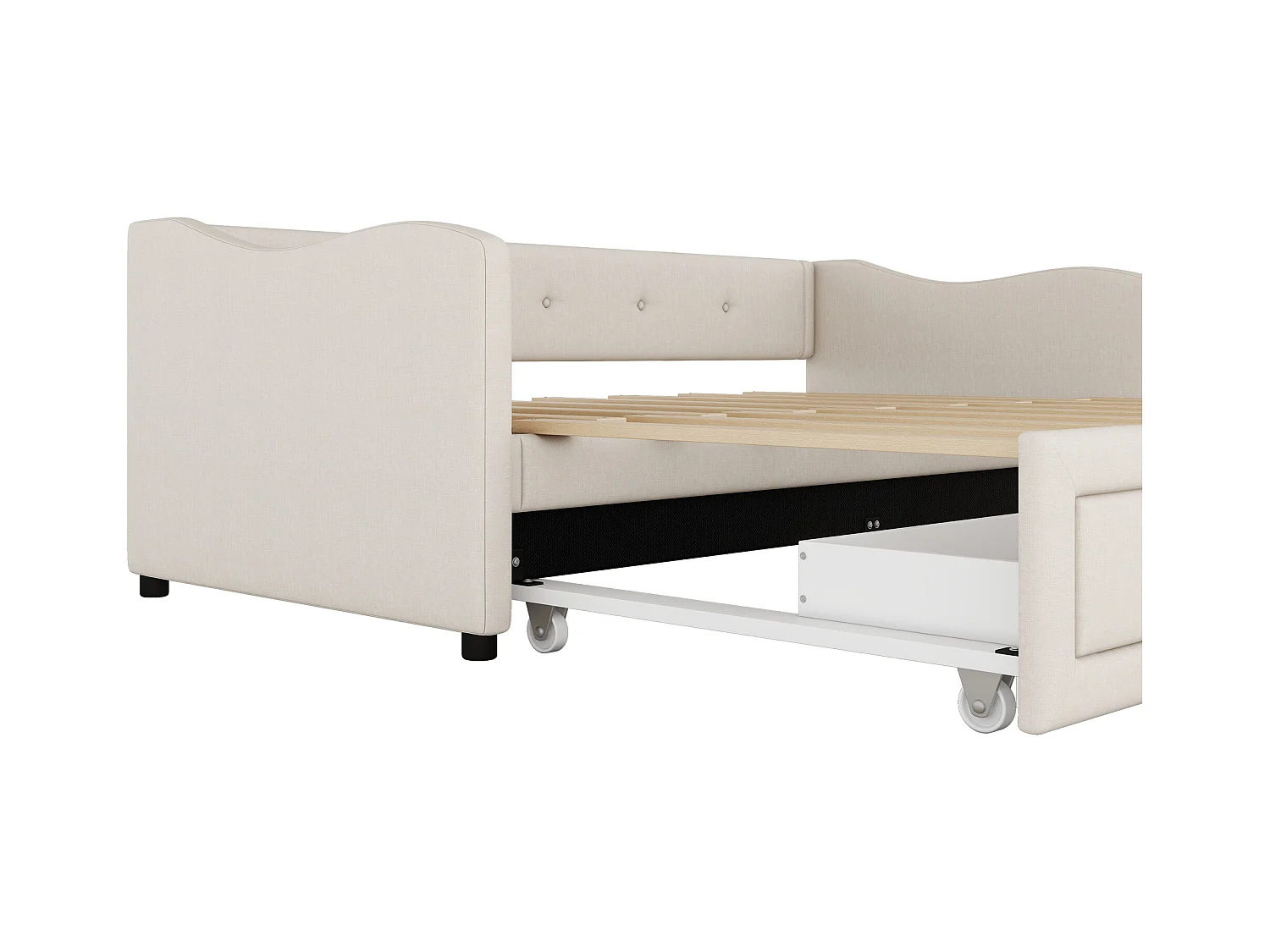 Bedbank 90x200 cm, beige linnen, onderschuifbed met 2 lades en lattenbodem, zonder matras