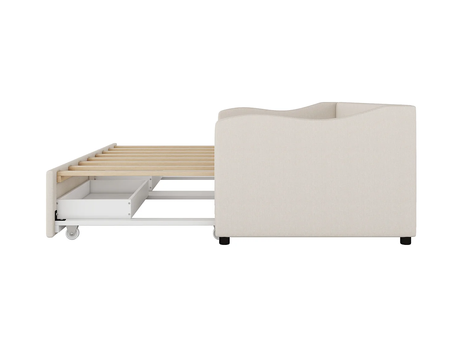 Bedbank 90x200 cm, beige linnen, onderschuifbed met 2 lades en lattenbodem, zonder matras