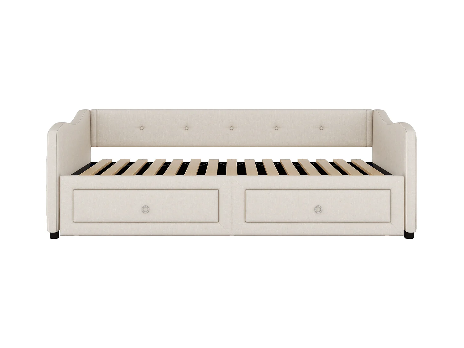 Bedbank 90x200 cm, beige linnen, onderschuifbed met 2 lades en lattenbodem, zonder matras