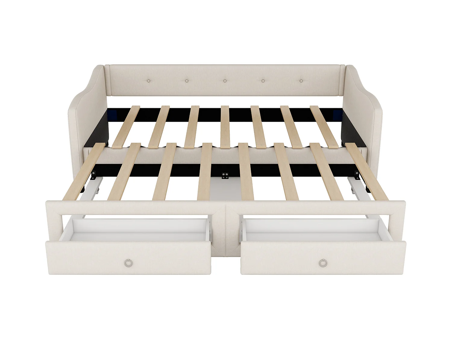 Bedbank 90x200 cm, beige linnen, onderschuifbed met 2 lades en lattenbodem, zonder matras