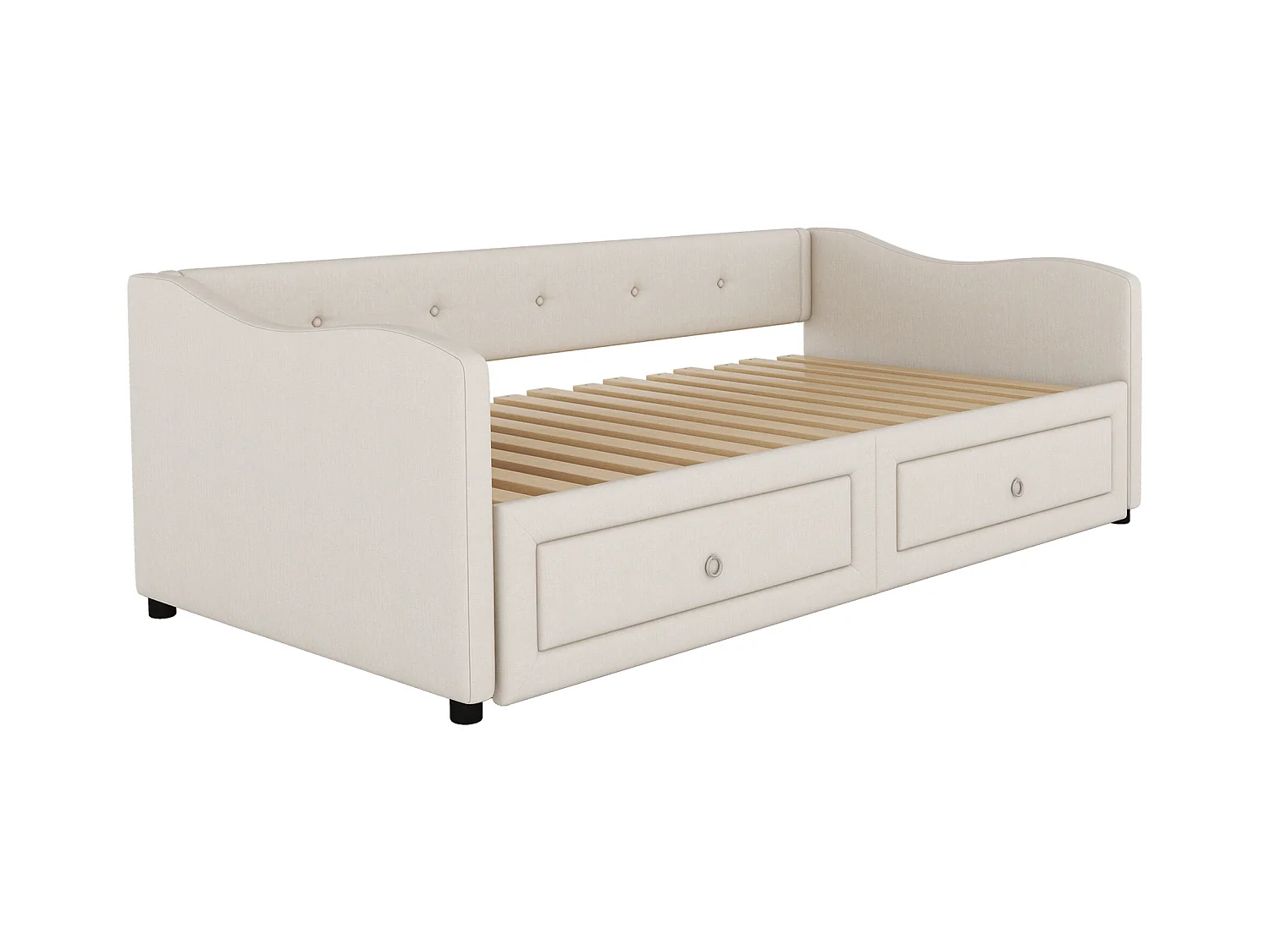 Bedbank 90x200 cm, beige linnen, onderschuifbed met 2 lades en lattenbodem, zonder matras