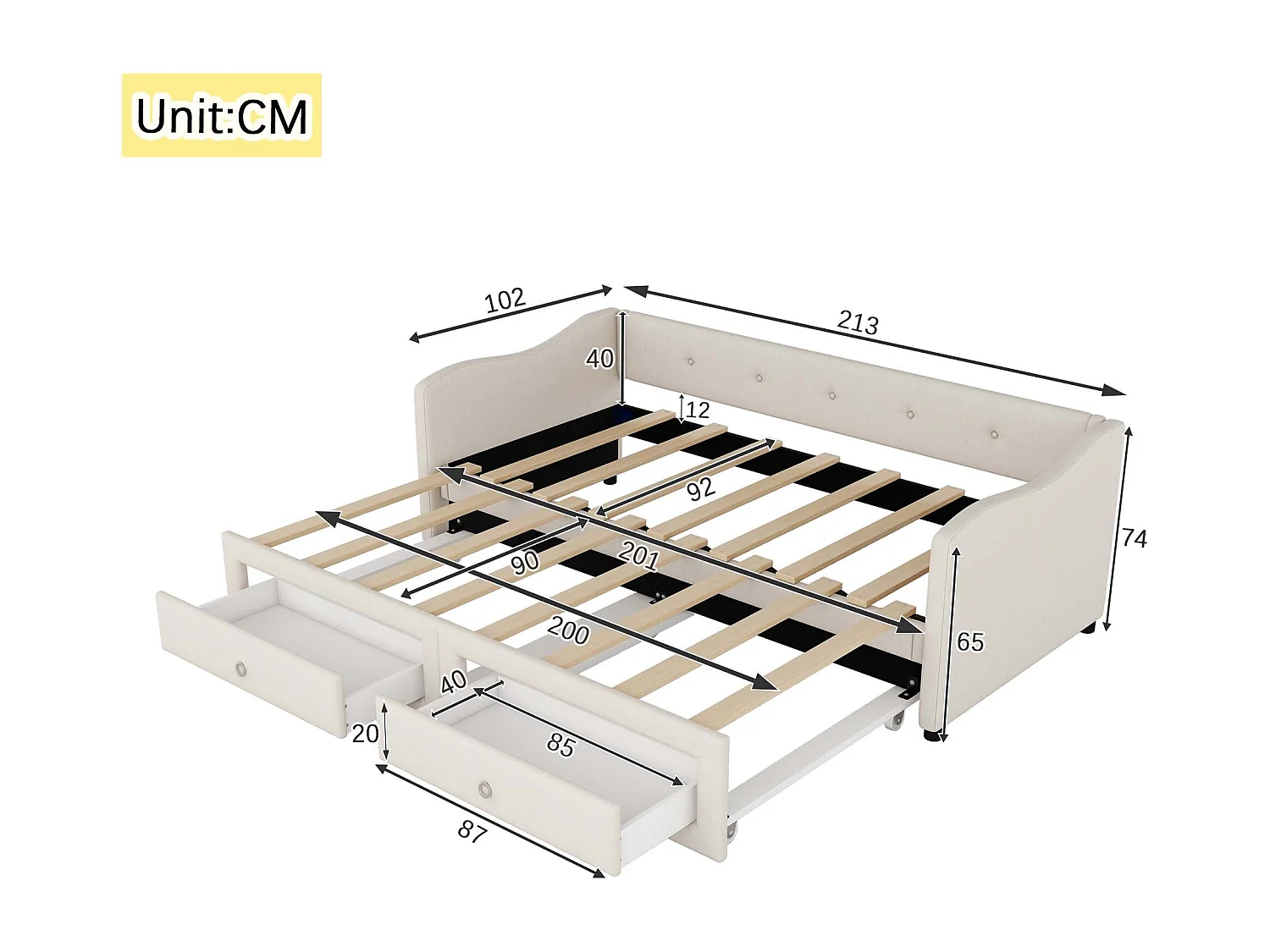 Lit gigogne 90x200 cm, lin beige, Lit enfants avec 2 tiroirs et sommier à lattes, sans matelas